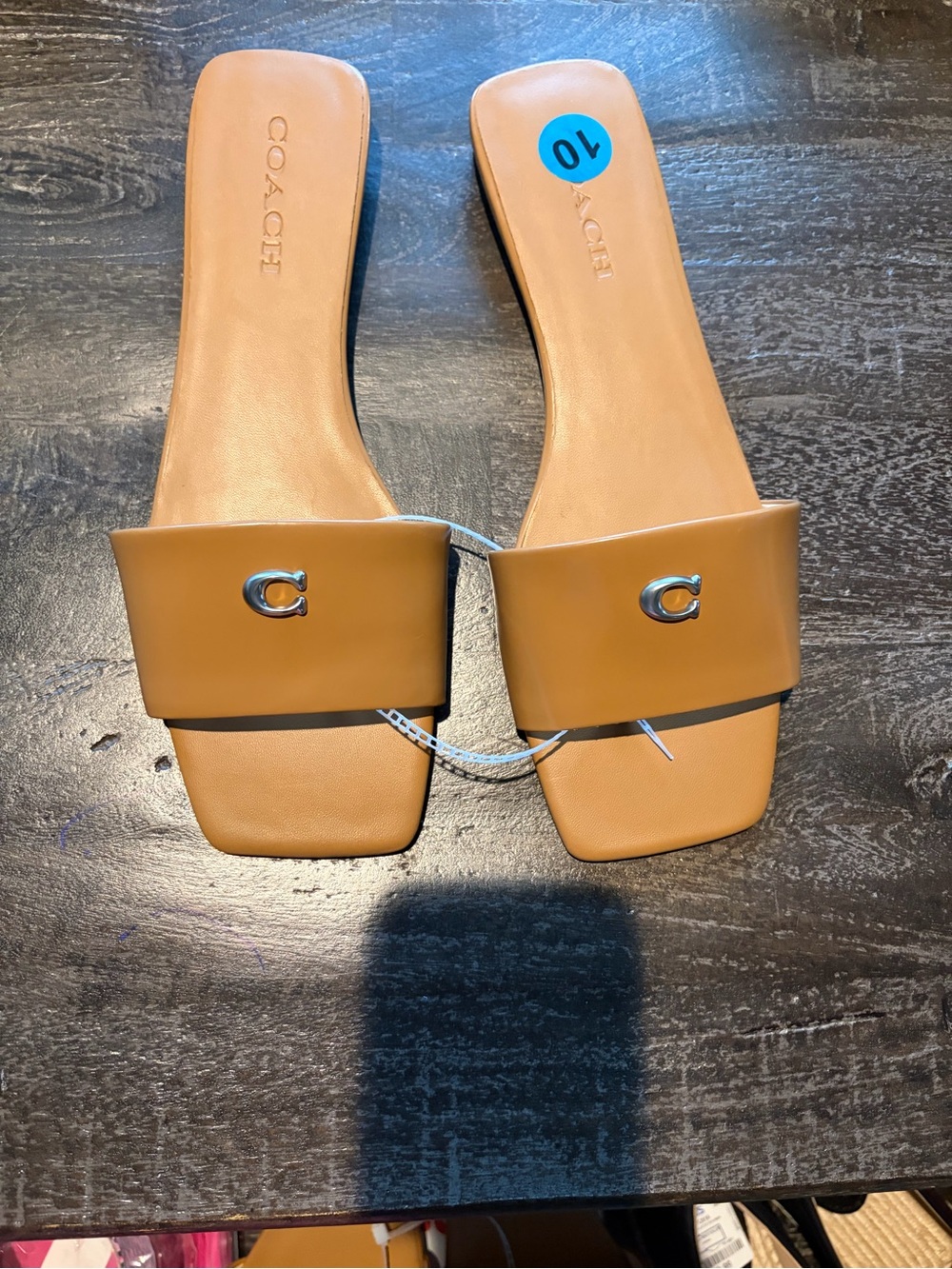 Coach Tan Leather Slide Sandals with Silver 'C' Accent